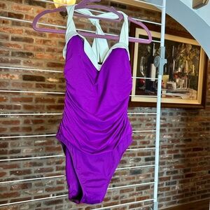 Ralph Lauren Purple and White One Piece Swimsuit with Wrap Front